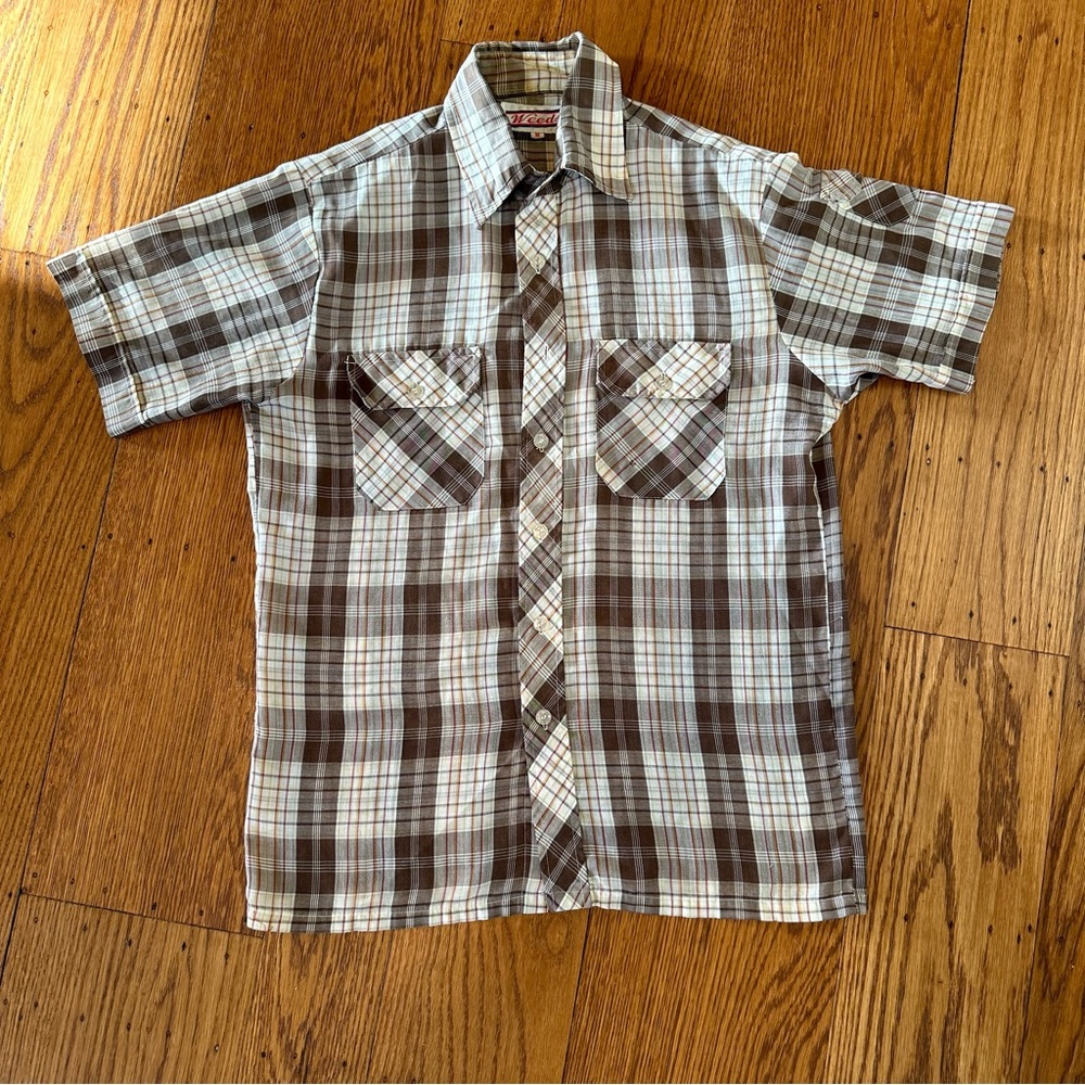 VINTAGE WEEDS BUTTON DOWN SHORT SLEEVE SHIRT MENS SMALL KHAKI/TAN/BROWN/RED